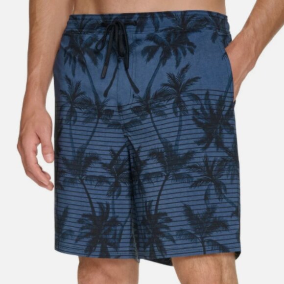NEW Kirkland Signature Men's L Swim Shorts Blue Palm Print Quick-Dry - Picture 1 of 7